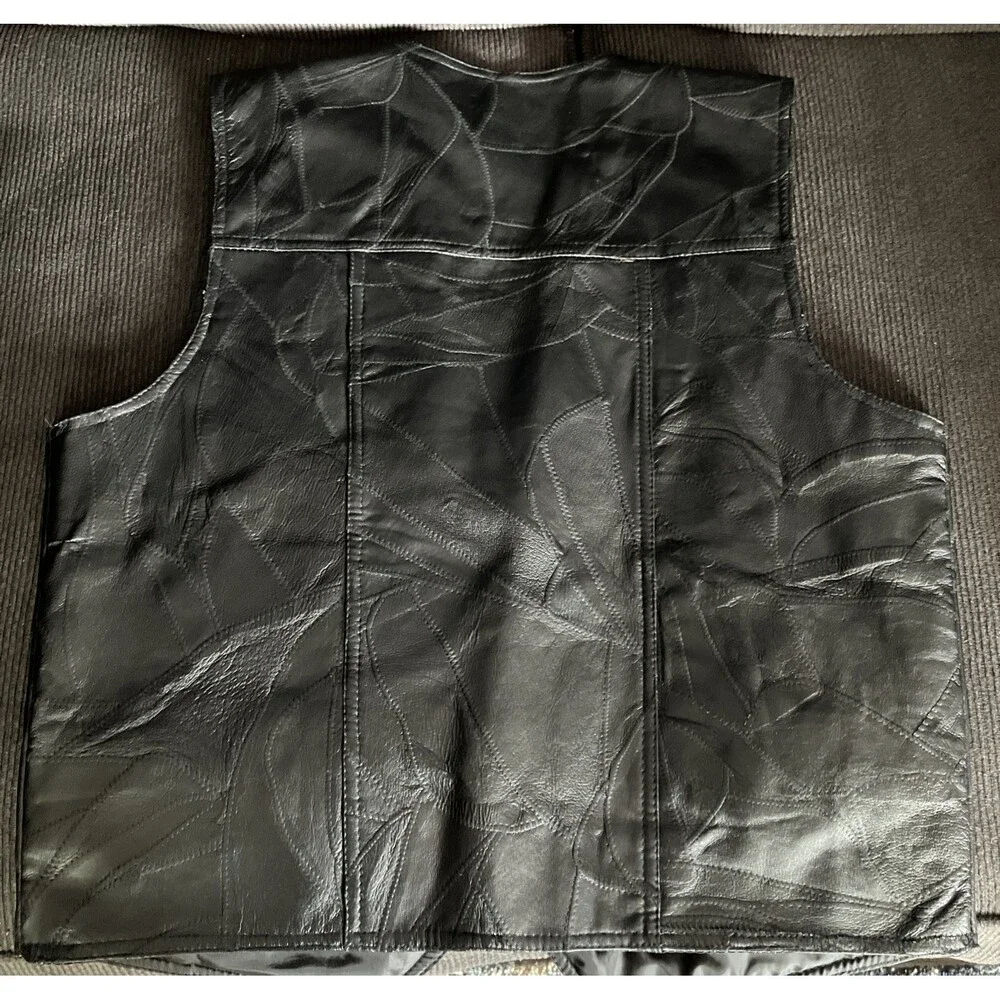 Vtg Italian Stone Design Genuine Leather Vest Black Patchwork Biker Western XXXL - Picture 2 of 8